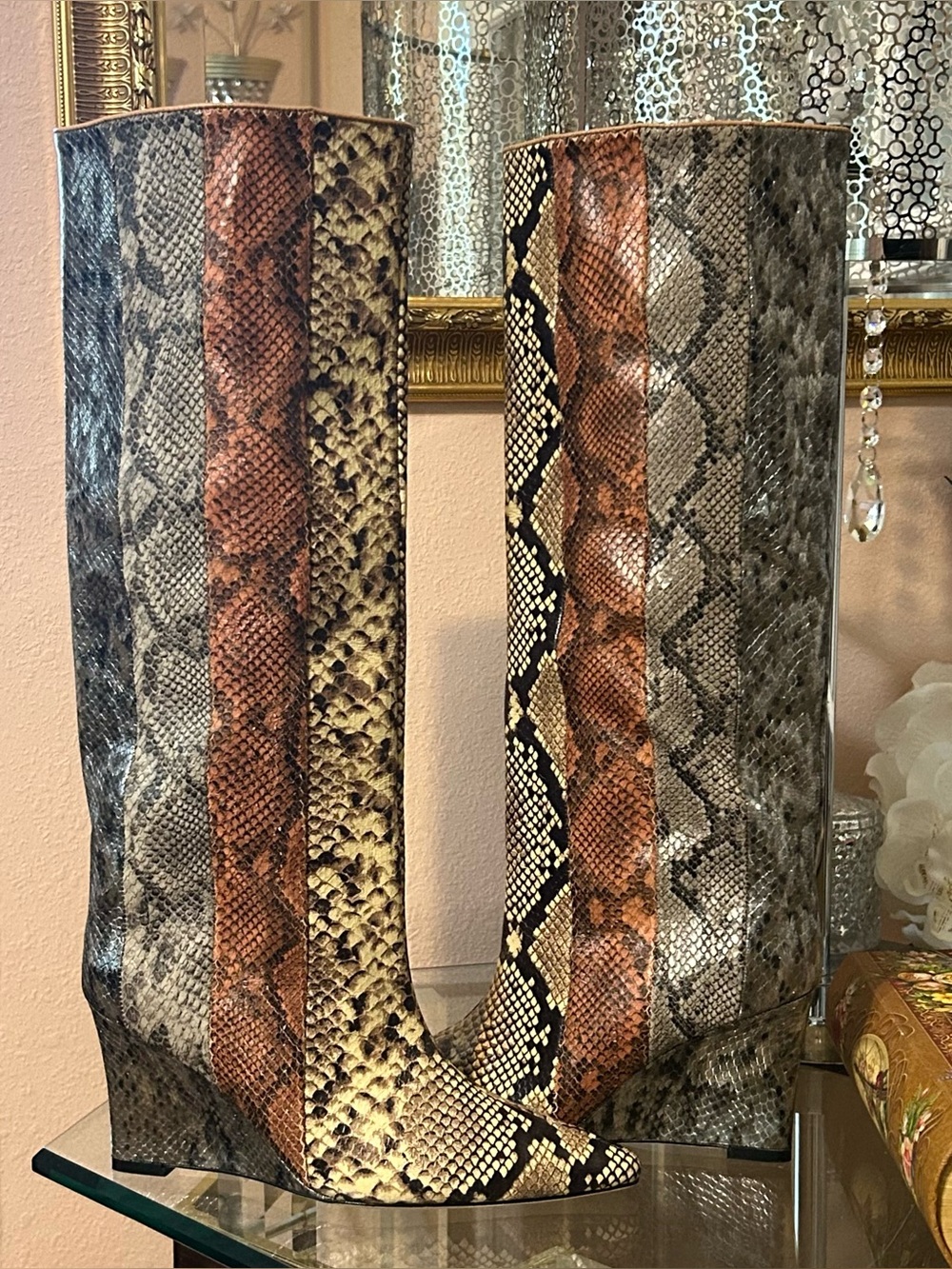 Cynthia Rowley Multi-Color Snake Embossed Patchwork Leather Wedge Boot Size 8.5 - Picture 2 of 16